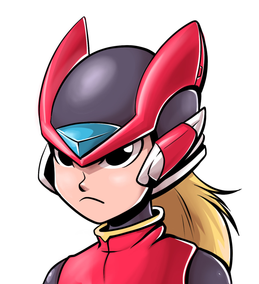 1boy black_eyes blonde_hair bust capcom captainanaugi hair helmet male male_focus robot rockman rockman_zero solo solo_focus staring zero_(rockman)