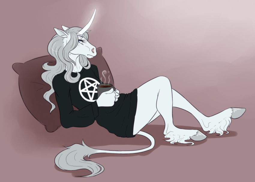 2018 anthro black_clothing black_shirt black_topwear clothed clothing digital_media_(artwork) ekbellatrix equid eyelashes female grey_hair hair holding_cup holding_object hooves horn mammal moonbittergoddess_(character) pillow shirt simple_background solo star steam topwear unicorn