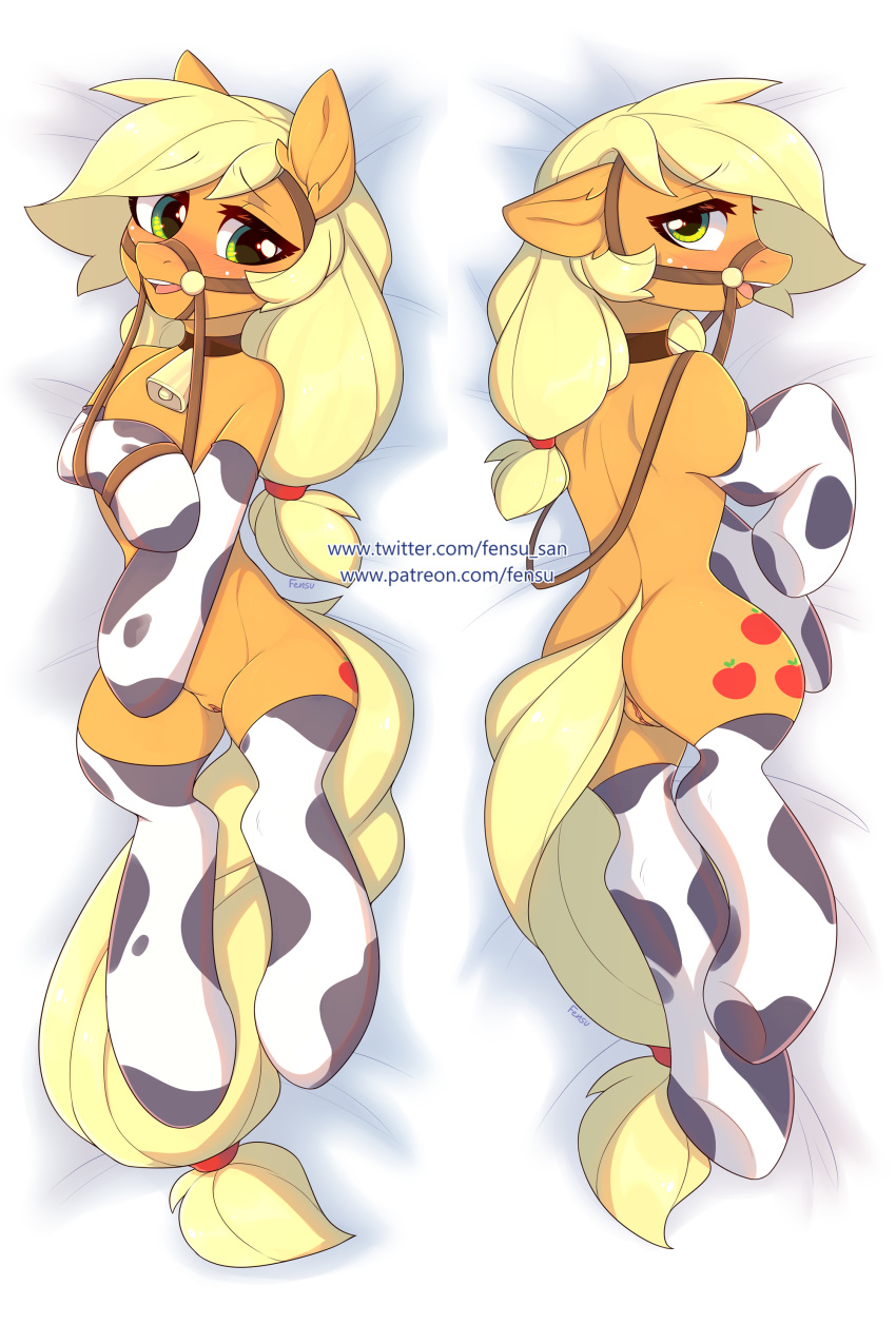 2019 2:3 absurd_res applejack_(mlp) butt clothing cowbell cutie_mark dakimakura_design digital_media_(artwork) earth_pony equid equine female fensu-san freckles friendship_is_magic hi_res horse legwear looking_at_viewer lying mammal my_little_pony pony pussy url