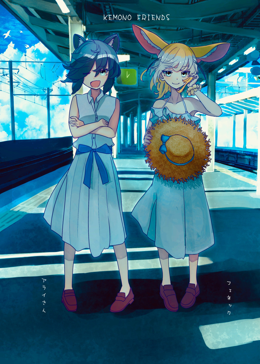 2girls ;d absurdres adjusting_hair animal_ears bangs bare_shoulders bird black_hair blonde_hair blue_eyes blue_sky blush character_name clock closed_mouth cloud cloudy_sky collarbone common_raccoon_(kemono_friends) crossed_arms dress dress_straps eyebrows_visible_through_hair fang fennec_(kemono_friends) hat highres holding holding_hat kemono_friends looking_at_viewer multicolored_hair multiple_girls one_eye_closed open_mouth ponta_(matsuokazieg) power_lines ribbon scrunchie short_hair skin_fang sky smile standing straw_hat tongue train_station train_station_platform white_dress