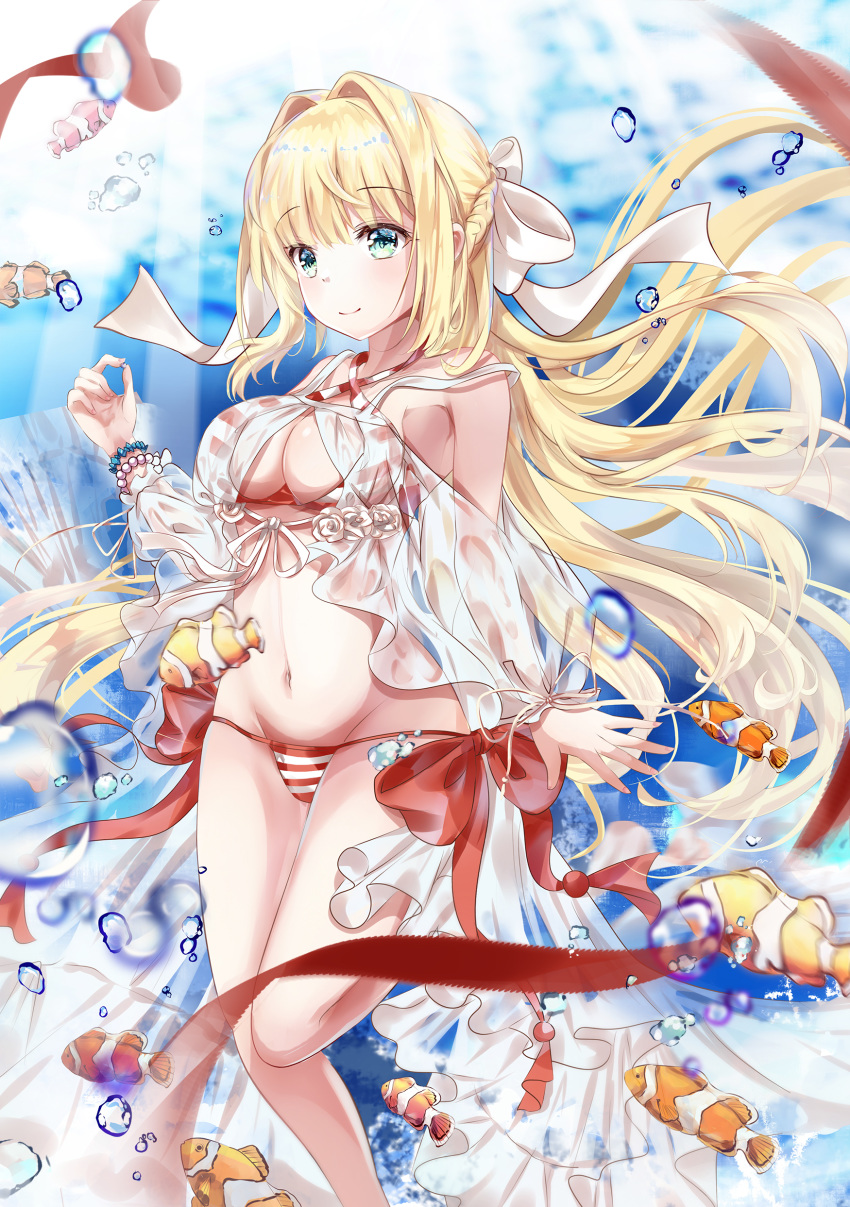 1girl absurdres animal aqua_eyes bangs bare_legs bare_shoulders bead_bracelet beads bikini blonde_hair blurry blurry_background blush bracelet braid breasts cleavage closed_mouth clownfish commentary_request criss-cross_halter day depth_of_field eyebrows_visible_through_hair fate/grand_order fate_(series) fish floating_hair freediving french_braid green_eyes groin hair_intakes hair_ribbon halterneck hand_up highres jewelry leg_up light_rays long_hair looking_at_viewer looking_away medium_breasts mutang navel nero_claudius_(fate)_(all) nero_claudius_(swimsuit_caster)_(fate) outdoors red_bikini red_ribbon ribbon see-through sheer_clothes side-tie_bikini sidelocks smile solo stomach striped striped_bikini swimsuit thighs underwater very_long_hair water white_ribbon