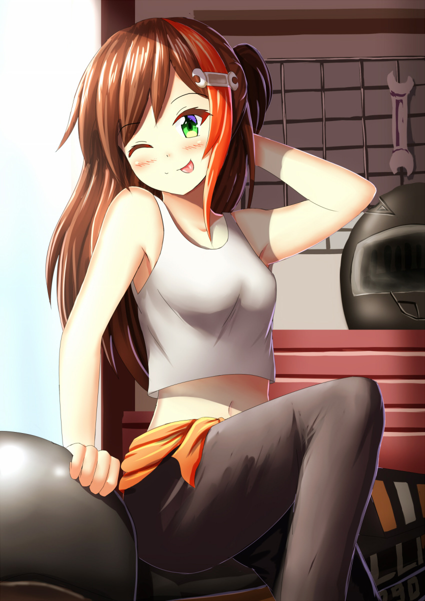 1girl ;p arlly_radithia arm_support arm_up bangs black_pants blush breasts brown_hair closed_mouth commentary commission english_commentary eyebrows_visible_through_hair feet_out_of_frame green_eyes hair_ornament hand_behind_head highres indoors knee_up medium_breasts midriff multicolored_hair navel one_eye_closed orange_hair original pants smile solo streaked_hair tank_top tongue tongue_out white_tank_top wrench