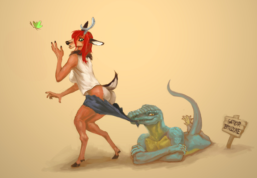 2015 ambiguous_gender anthro arthropod butt butterfly cervid clothed clothing coppertone duo female green_eyes hair hi_res insect klongi lepidopteran lizard looking_at_viewer mammal red_hair reptile scalie sign simple_background teeth