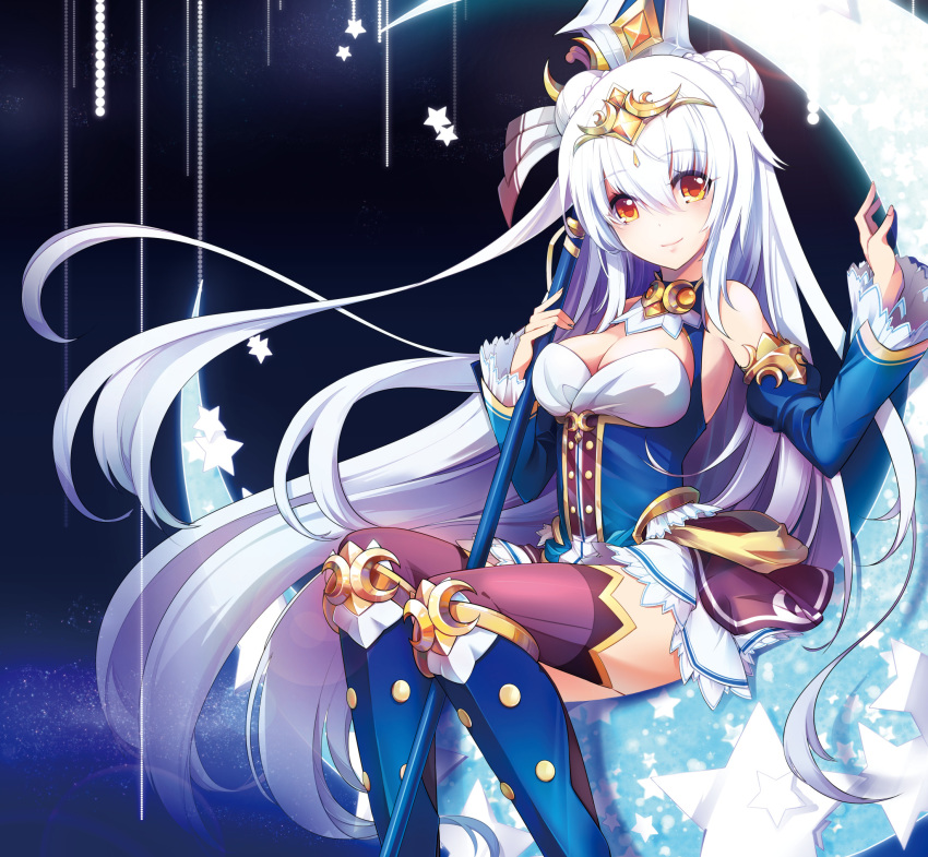 1girl ara_han bangs bare_shoulders boots braid breasts commentary_request crescent detached_sleeves double_bun elsword eyebrows_visible_through_hair fingernails framed_breasts hair_between_eyes hands_up highres knee_boots kuroshio_maki long_hair looking_at_viewer polearm salvatore_ebalon_(elsword) seamed_legwear sitting smile solo spear star thighhighs tiara transparent very_long_hair weapon white_hair yellow_eyes