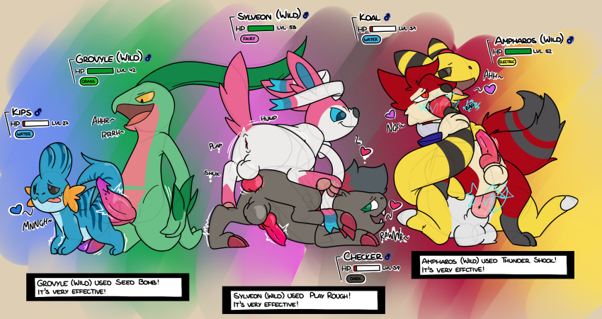 2019 absurd_res ampharos amphibian anal anal_penetration animal_genitalia animal_penis balls blue_eyes canid canine canine_penis checker claws digital_media_(artwork) duo eeveelution english_text erection feral floatzel fur group group_sex grovyle hair health_bar hi_res koal_(koalcleaver) lechecker male male/male mammal marine mudkip mustelid nintendo nude open_mouth penetration penis pok&eacute;mon pok&eacute;mon_(species) ribbons scalie sex simple_background smile sylveon text toe_claws toes tongue video_games white_fur zoroark