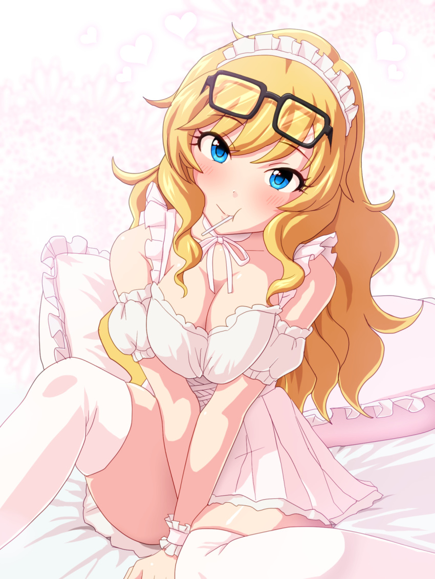 1girl black-framed_eyewear blonde_hair blue_eyes blush breast_squeeze breasts candy commentary_request detached_sleeves dress eyewear_on_head food glasses head_tilt heart highres idolmaster idolmaster_cinderella_girls kezune_(i-_-i) large_breasts lollipop long_hair looking_at_viewer maid_headdress mouth_hold on_bed ootsuki_yui pillow short_dress short_sleeves sitting sitting_on_bed solo thighhighs white_dress white_legwear