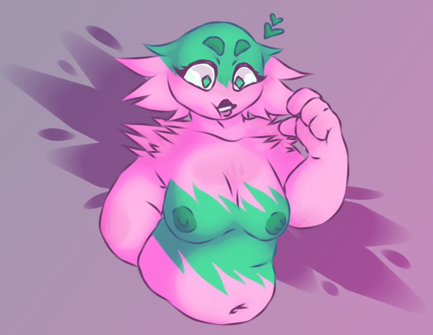 2019 alien anonymous_artist breasts bust_portrait cartoon_network corrupted_gem detailed digital_media(artwork) female gem_(species) hair humanoid nipples nude pink_skin portrait raised_arm shaded short_hair showing_teeth simple_background slightly_chubby solo spikes steven_universe watermelon_tourmaline