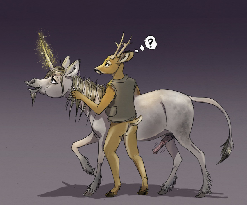 ? animal_genitalia animal_penis anthro antlers bottomless cervid cervine clothed clothing duo el-yeguero equid equine_penis erection feral horn male mammal penis simple_background unicorn
