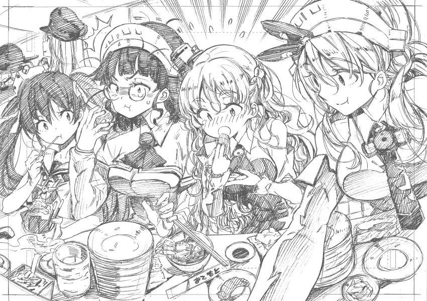 /\/\/\ 5girls absurdres asphyxiation bangs bismarck_(kantai_collection) blunt_bangs blush breasts chopsticks dessert detached_sleeves eating flying_sweatdrops food food_in_mouth glasses graphite_(medium) greyscale hair_ribbon hat headdress headgear highres holding holding_food kantai_collection kojima_takeshi large_breasts libeccio_(kantai_collection) littorio_(kantai_collection) long_hair long_sleeves monochrome multiple_girls open_mouth ribbon roma_(kantai_collection) sushi sweat traditional_media twintails wavy_hair