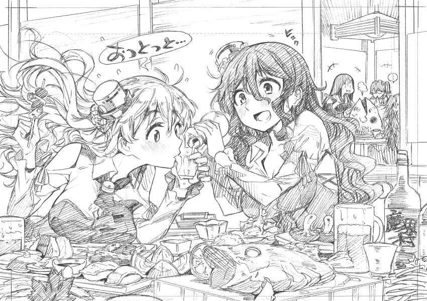 5girls absurdres akagi_(kantai_collection) alcohol bangs blush bottle breasts drink drinking eating fish food graphite_(medium) greyscale hat highres holding holding_bottle holding_food indoors jun'you_(kantai_collection) kaga_(kantai_collection) kantai_collection kebab kojima_takeshi long_hair monochrome multiple_girls open_mouth pola_(kantai_collection) pouring sushi table traditional_media translation_request wavy_mouth zara_(kantai_collection)
