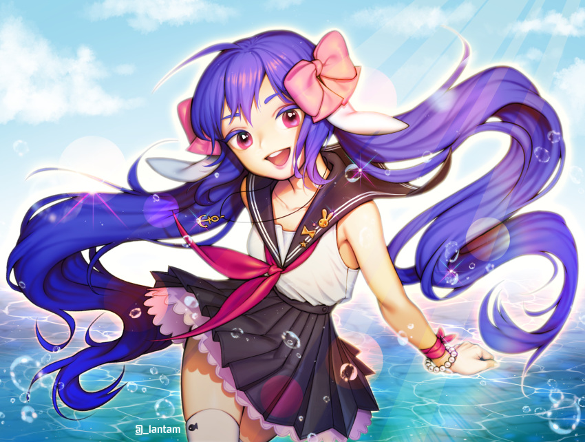 1girl absurdres anchor black_skirt blue_hair blue_sky bow bracelet clenched_hand droplets hair_bow highres huge_filesize jewelry lantam long_hair looking_at_viewer necklace open_mouth original outdoors pink_bow pink_eyes school_uniform serafuku skirt sky solo thighhighs twintails twitter_username very_long_hair water white_legwear