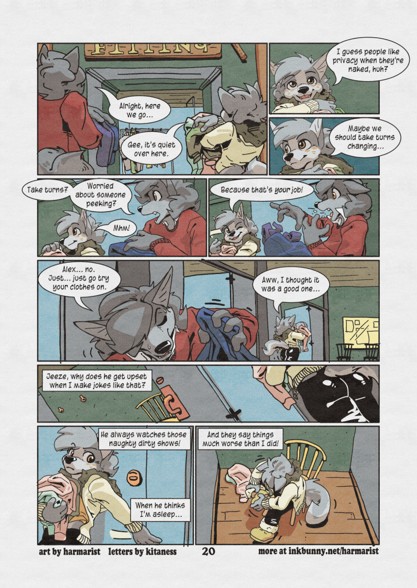 alex_(harmarist) anthro black_bottomwear black_clothing black_pants bottomwear brother brothers canid canine canis clothing comic cub duo english_text fur grey_fur harmarist hi_res male mammal pants red_clothing red_topwear sibling speech_bubble teenager text topwear will_(harmarist) wolf young