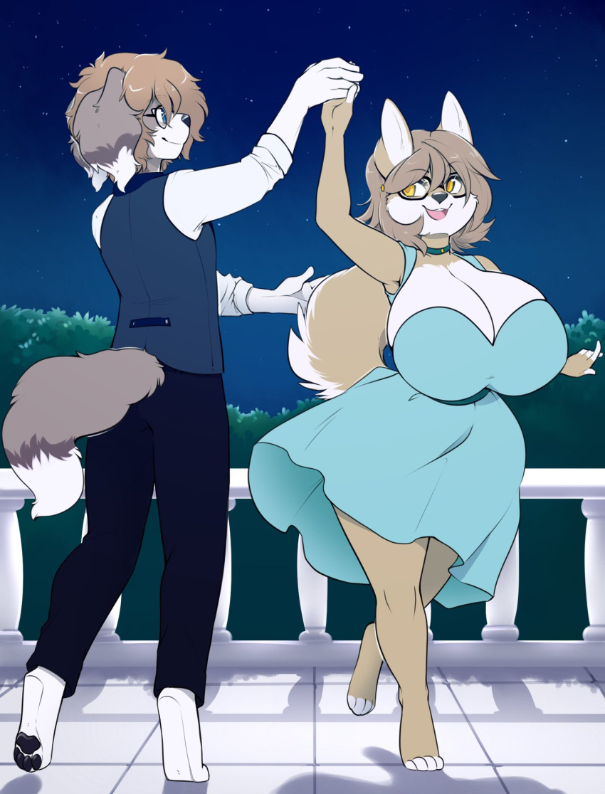 2018 anthro big_breasts blue_eyes bottomwear breasts brown_fur brown_hair canid canine canis cheyenne_(inu-dono) clothed clothing collar coyote dancing dipstick_tail domestic_dog dress duo eyewear female fur glasses grey_fur hair hi_res huge_breasts male mammal multicolored_tail night open_mouth pants smile spazzykoneko tree white_fur yellow_eyes