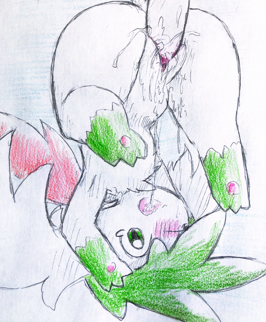 3_toes black_nose blush bodily_fluids butt colored_pencil_(artwork) cum cum_drip cum_in_pussy cum_inside dripping duo eiroru faceless_male female female_focus fur genital_fluids green_eyes green_fur hi_res legendary_pok&eacute;mon male male/female nintendo open_mouth pawpads penetration penis pink_pawpads pok&eacute;mon pok&eacute;mon_(species) pussy shaymin shaymin_(sky_form) snout solo_focus toes tongue traditional_media_(artwork) upside_down vaginal vaginal_penetration video_games white_fur