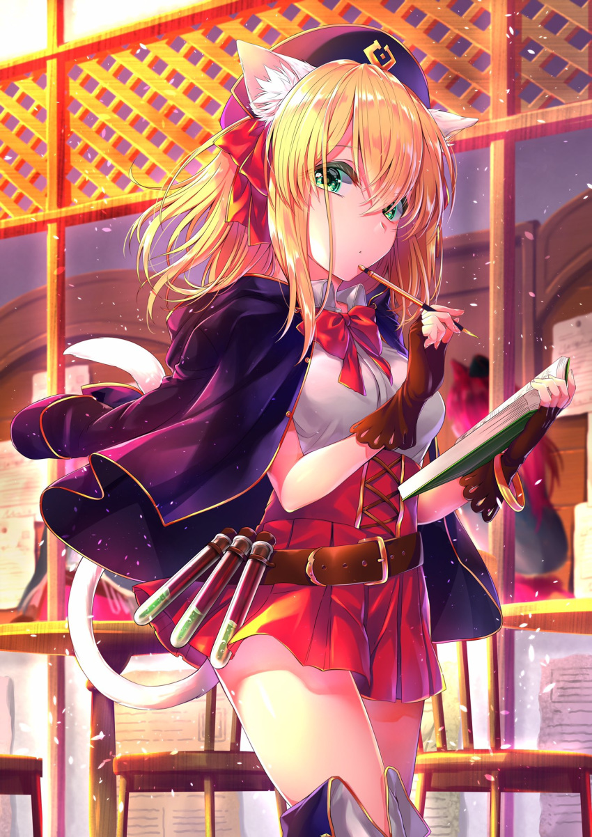 1girl animal_ear_fluff animal_ears belt blonde_hair blue_footwear blue_jacket book boots bow bowtie breasts brown_gloves buckle cat_ears cat_tail collared_shirt fingerless_gloves gloves green_eyes hair_ribbon hat high-waist_skirt highres holding holding_book holding_pen indoors jacket jacket_on_shoulders light_particles looking_at_viewer medium_breasts medium_hair original pen red_neckwear red_ribbon red_skirt ribbon routo_(rot_0) shirt skirt solo tail thigh_boots thighhighs white_shirt