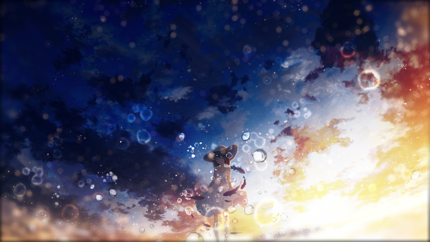 1girl backlighting brown_hair bubble closed_eyes cloud collarbone commentary dark dress fish happy hat highres light_particles original scenery short_hair skirt_hold sky smile solo sun_hat sundress sunrise surreal tears white_dress y_y_(ysk_ygc)