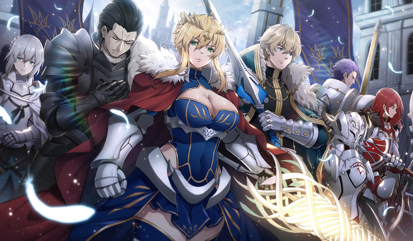 3boys 4girls agravain_(fate/grand_order) ahoge airgetlam_(fate) armor arondight artoria_pendragon_(all) artoria_pendragon_(lancer) bangs bedivere black_hair blonde_hair blue_eyes blue_gloves blue_legwear blue_leotard braid breastplate breasts building cape clarent cleavage cleavage_cutout closed_eyes covered_navel crown excalibur_galatine fate/grand_order fate_(series) french_braid full_armor fur-trimmed_cape fur_trim gauntlets gawain_(fate/extra) gloves green_eyes grey_hair hair_between_eyes helmet holding holding_lance holding_sword holding_weapon kiyo_(chaoschyan) knight knights_of_the_round_table_(fate) lancelot_(fate/grand_order) large_breasts leotard long_hair mordred_(fate) mordred_(fate)_(all) multiple_boys multiple_girls outdoors pauldrons plate_armor purple_hair red_cape red_hair rhongomyniad sidelocks swept_bangs sword tristan_(fate/grand_order) vambraces weapon