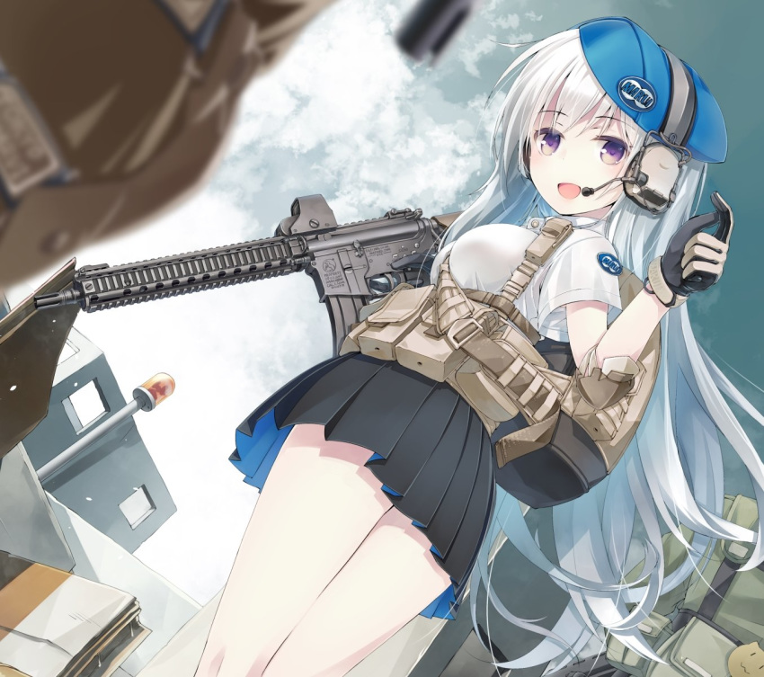 1girl :d backpack bag bangs beret between_breasts black_gloves black_skirt blue_headwear blue_sky blurry blurry_foreground blush breasts cloud cloudy_sky day depth_of_field ear_protection elbow_pads eyebrows_visible_through_hair gloves gun hat headset highres holding holding_gun holding_weapon long_hair looking_away looking_to_the_side medium_breasts military nanaroku_(fortress76) open_mouth original outdoors pleated_skirt purple_eyes shirt short_sleeves silver_hair skirt sky smile solo standing strap_between_breasts trigger_discipline very_long_hair weapon weapon_request white_shirt