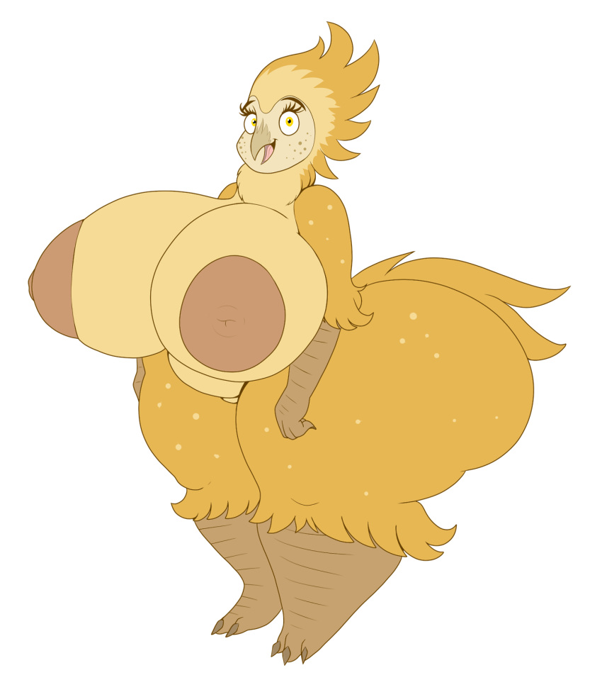 3_toes anthro areola avian big_areola big_breasts big_butt bird breasts butt claws digital_media_(artwork) eyelashes feathers female freckles hi_res huge_breasts huge_butt looking_at_viewer mirroidal nipples non-mammal_breasts nude open_mouth open_smile overweight overweight_female owl simple_background smile solo standing thick_thighs toe_claws toes tongue voluptuous white_background wide_hips yellow_eyes yellow_feathers
