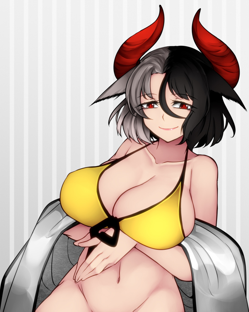 1girl animal_ears aoshima bangs bare_shoulders black_hair breasts cleavage commentary_request cow_ears cow_horns eyebrows_visible_through_hair grey_background grey_hair groin hair_between_eyes halterneck haori highres horns japanese_clothes large_breasts looking_at_viewer multicolored_hair navel off_shoulder out-of-frame_censoring pink_lips red_eyes short_hair smile solo stomach striped striped_background touhou two-tone_hair upper_body ushizaki_urumi vertical-striped_background vertical_stripes yellow_bikini_top