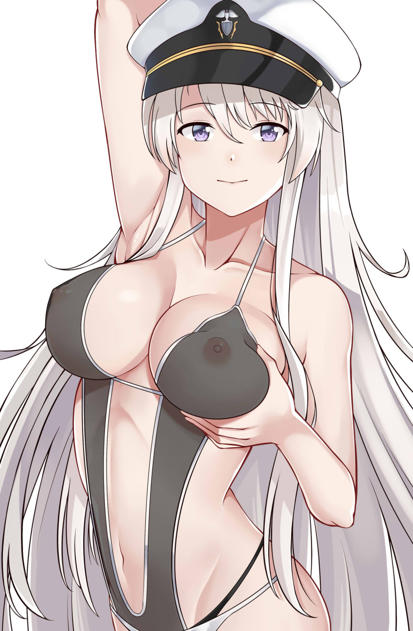 1girl aslindsamure azur_lane bangs bikini black_bikini black_bikini_top breasts closed_mouth collarbone covered_nipples deep_skin enterprise_(azur_lane) eyebrows_visible_through_hair grabbing grabbing_own_breast groin hair_between_eyes highres large_breasts long_hair looking_at_viewer midriff multi-strapped_bikini navel nipples paid_reward patreon_reward purple_hair see-through sidelocks simple_background solo standing stomach swimsuit very_long_hair white_background white_bikini white_bikini_bottom white_hair