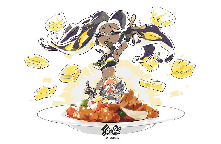 2girls black_gloves dark_skin fingerless_gloves gloves green_eyes heart heart-shaped_pupils highres hime_(splatoon) iida_(splatoon) minigirl multiple_girls official_art simple_background splatoon_(series) splatoon_2 stomach subuta_dish symbol-shaped_pupils white_background zipper