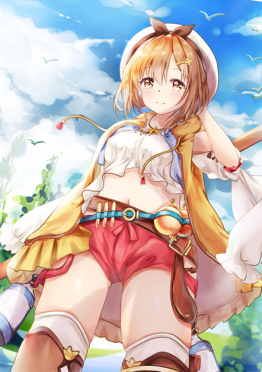 1girl absurdres animal ass_visible_through_thighs atelier_(series) atelier_ryza bangs bare_shoulders belt belt_buckle beret bird blue_belt blue_sky blush breasts brown_belt brown_eyes brown_hair buckle closed_mouth cloud cloudy_sky commentary_request day drawstring dutch_angle eyebrows_visible_through_hair hair_between_eyes hair_ornament hairclip hand_behind_head hat highres hood hood_down hooded_jacket jacket medium_breasts midriff mutang navel open_clothes open_jacket outdoors red_shorts reisalin_stout round-bottom_flask shirt short_shorts shorts sky sleeveless_jacket smile solo thighhighs vial white_headwear white_legwear white_shirt yellow_jacket