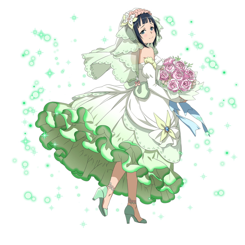 1girl anklet black_hair blue_eyes bouquet bridal_veil closed_mouth detached_sleeves dress flower from_side full_body green_footwear high_heels highres holding holding_bouquet jewelry long_dress long_sleeves looking_at_viewer looking_back mole mole_under_eye official_art pink_flower pink_rose pumps rl rose sachi shiny shiny_hair short_hair sleeveless sleeveless_dress smile solo sword_art_online transparent transparent_background veil walking white_dress white_sleeves