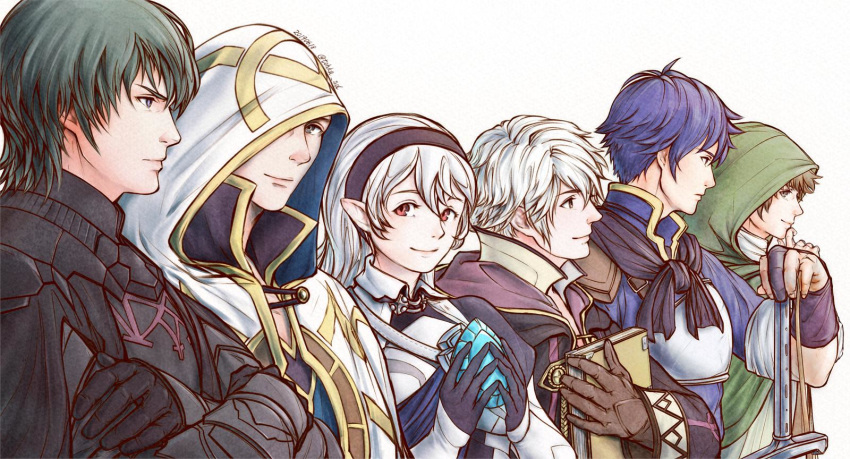 1girl 5boys armor black_hairband blue_hair book breastplate brown_gloves brown_hair byleth byleth_(male) closed_mouth crossed_arms dated female_my_unit_(fire_emblem_if) fire_emblem fire_emblem:_fuukasetsugetsu fire_emblem:_kakusei fire_emblem:_rekka_no_ken fire_emblem:_shin_monshou_no_nazo fire_emblem_heroes fire_emblem_if gloves hairband highres holding holding_book hood hood_down hood_up long_hair long_sleeves looking_to_the_side male_my_unit_(fire_emblem:_kakusei) multiple_boys my_unit_(fire_emblem:_kakusei) my_unit_(fire_emblem:_shin_monshou_no_nazo) my_unit_(fire_emblem_if) pointy_ears red_eyes short_hair simple_background smile stone summoner_(fire_emblem_heroes) tactician_(fire_emblem) tohka_sd twitter_username upper_body white_background white_hair