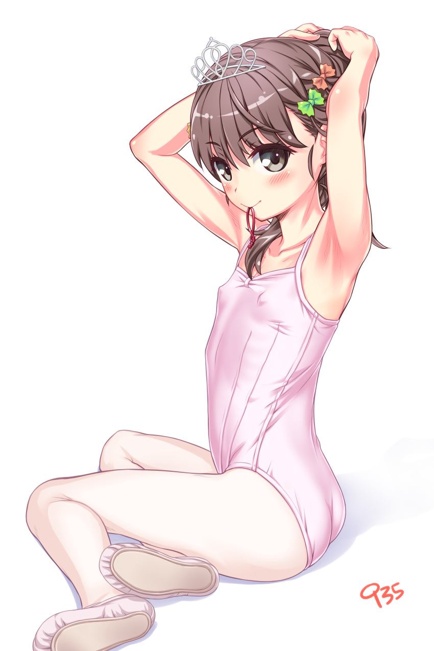 1girl absurdres adjusting_hair aoi_kumiko armpits arms_behind_head arms_up ass ballerina ballet_slippers bangs bare_shoulders blush breasts brown_eyes brown_hair collarbone covered_nipples hair_ornament hair_tie hair_tie_in_mouth highres jewelry leotard long_hair looking_at_viewer mouth_hold original pantyhose pink_leotard ponytail simple_background sitting slippers small_breasts smile solo spaghetti_strap tiara tying_hair white_background white_legwear yokozuwari