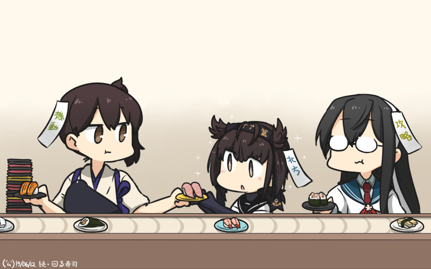 3girls anchor_symbol black_bodysuit black_gloves black_hair black_sailor_collar blue_sailor_collar bodysuit brown_eyes brown_hair clothes_writing commentary conveyor_belt conveyor_belt_sushi dated food glasses gloves hachimaki hair_flaps hairband hamu_koutarou hatsuzuki_(kantai_collection) headband highres japanese_clothes kaga_(kantai_collection) kantai_collection long_hair medium_hair multiple_girls muneate neckerchief necktie ooyodo_(kantai_collection) opaque_glasses paper plate red_neckwear sailor_collar semi-rimless_eyewear short_hair side_ponytail sushi tasuki translation_request under-rim_eyewear upper_body yellow_eyes