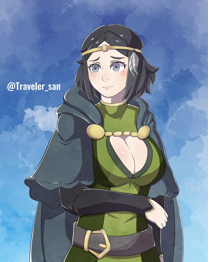 1girl black_hair breasts cleavage cleavage_cutout cloak fire_emblem fire_emblem:_kakusei fire_emblem_if grey_eyes highres hood hooded_cloak large_breasts noire_(fire_emblem) smile traveler_san