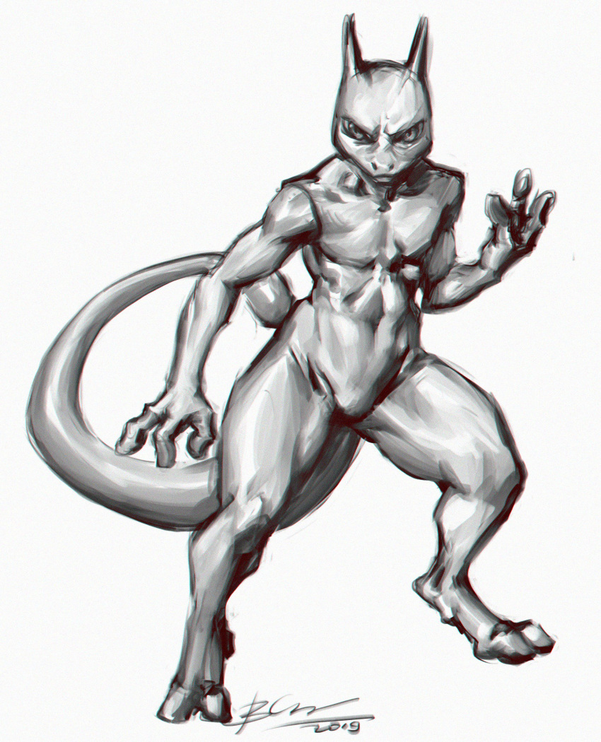 daryabler featureless_crotch greyscale hi_res legendary_pok&eacute;mon looking_at_viewer male mewtwo monochrome nintendo nude pok&eacute;mon pok&eacute;mon_(species) simple_background sketch solo standing video_games white_background