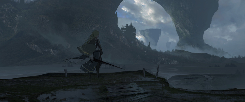 1girl absurdres asuteroid blonde_hair building cape cloud cloudy_sky cornea_(asuteroid) day from_side grass hair_over_eyes highres holding holding_sword holding_weapon horizon long_hair neon_trim original outdoors scenery sky solo standing sword tree water weapon