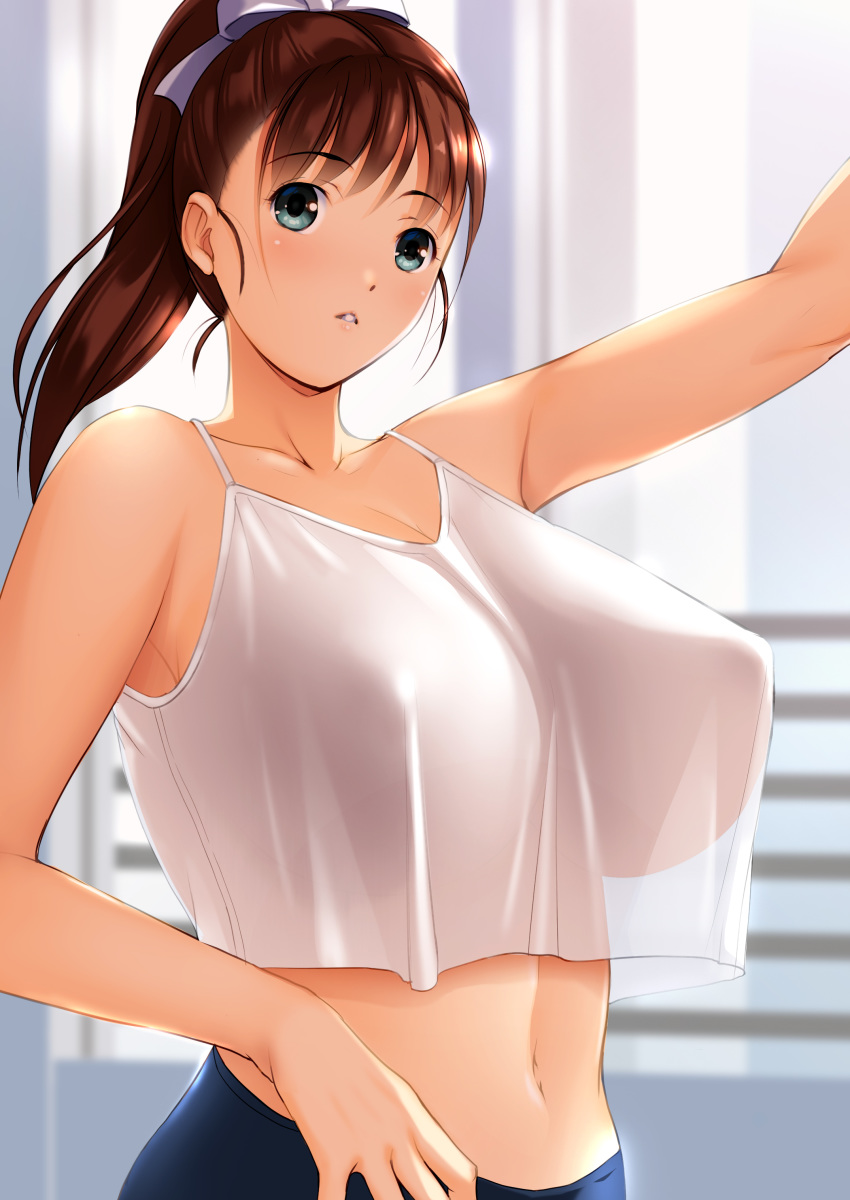 1girl absurdres arm_up blue_eyes blue_pants blurry blurry_background blush breasts brown_hair camisole cleavage collarbone covered_nipples crop_top crop_top_overhang dragon@harry hair_tie highres large_breasts looking_at_viewer medium_hair midriff original pants parted_lips ponytail see-through shirt solo upper_body white_shirt