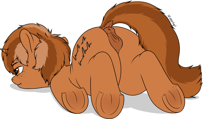 2019 absurd_res alpha_channel anatomically_correct anatomically_correct_pussy animal_genitalia animal_pussy anus brown_fur brown_hair butt cutie_mark digital_media_(artwork) dock equid equine_pussy fan_character female feral freckles fur hair hi_res hooves horn mammal my_little_pony nude pussy sign_(character) simple_background solo three_tone_hair transparent_background underhoof unicorn zippysqrl