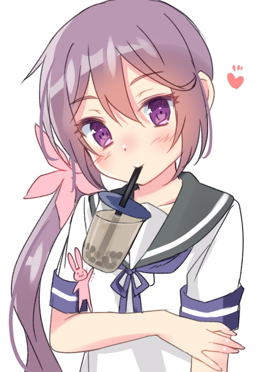 1girl :3 akebono_(kantai_collection) blush bubble_tea_challenge bunny commentary_request drinking_straw flower hair_flower hair_ornament heart highres kantai_collection long_hair looking_at_viewer neck_ribbon purple_eyes purple_hair ribbon sailor_collar school_uniform serafuku side_ponytail simple_background upper_body very_long_hair white_background yuuzaki