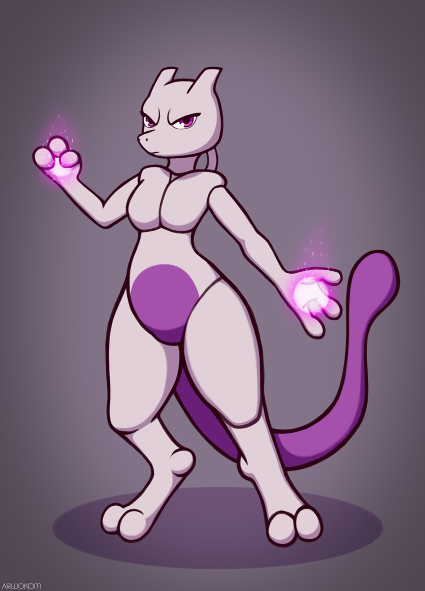 anthro arwokom energy female fist glowing hi_res legendary_pok&eacute;mon looking_at_viewer mewtwo nintendo orb pok&eacute;mon pok&eacute;mon_(species) powerful purple_body simple_background solo standing video_games