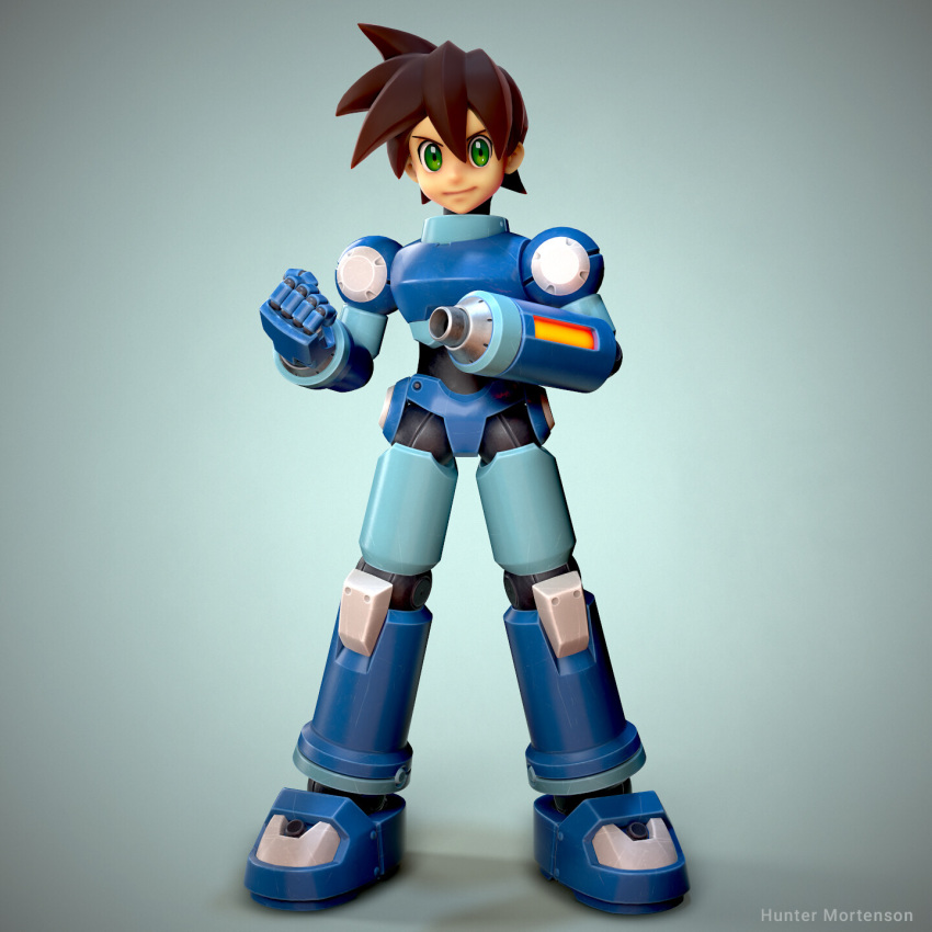 1boy 3d 3d_(artwork) arm_cannon armor brown_hair capcom clenched_hand eyebrows green_eyes hair hunter_mortenson looking_at_viewer male male_focus mechanical pose rock_volnutt rockman rockman_dash smile solo solo_focus