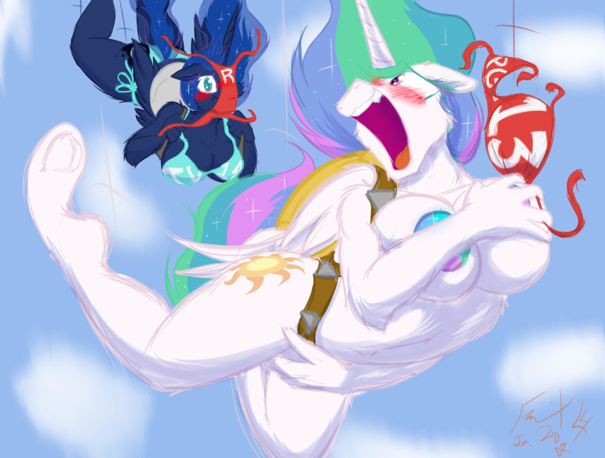 2019 anthro anthrofied areola bikini blush breasts cleavage clothed clothing cosmic_hair covering covering_breasts duo equid falling female friendship_is_magic frist44 hair hi_res horn mammal multicolored_hair my_little_pony open_mouth princess_celestia_(mlp) princess_luna_(mlp) skydiving swimwear wardrobe_malfunction wide_eyed winged_unicorn wings