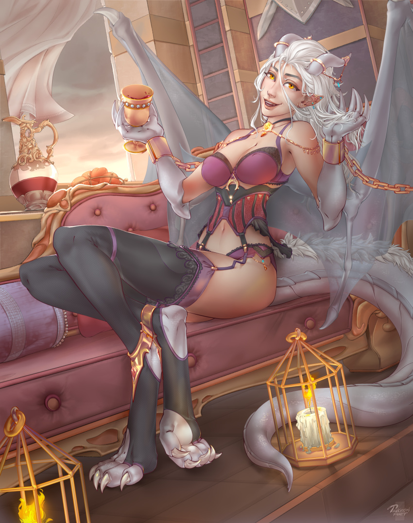 2019 5_fingers absurd_res amber_eyes animal_humanoid clothed clothing digital_media_(artwork) dragon dragon_humanoid eyebrows hair hi_res horn humanoid lady_nora looking_at_viewer sitting smile solo tsukinori twokinds webcomic white_hair