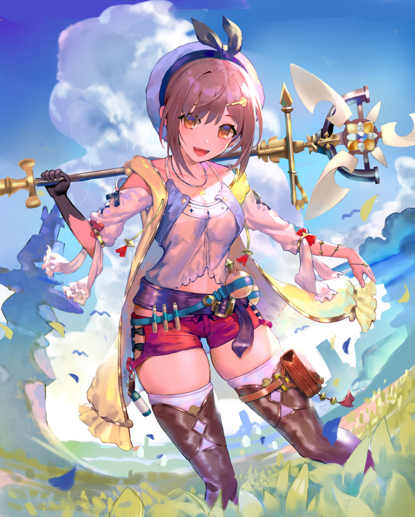 1girl atelier_(series) atelier_ryza belt beret blue_belt boots breasts brown_eyes brown_hair cleavage cloud cloudy_sky commentary_request day drawstring field gloves grass hair_ornament hairclip hat highres holding holding_staff jewelry looking_at_viewer medium_breasts necklace ogimotozukin open_clothes open_mouth red_shorts reisalin_stout round-bottom_flask shirt short_shorts shorts skindentation sky smile solo staff standing star star_necklace thigh_boots thigh_pouch thighhighs thighhighs_under_boots thighs vial white_legwear zettai_ryouiki