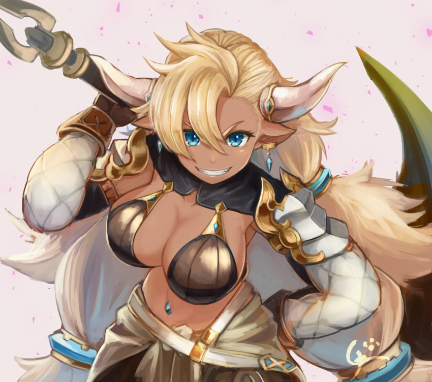 1girl almeida_(granblue_fantasy) bikini_top blonde_hair blue_eyes breasts dark_skin detached_sleeves draph earrings gloves granblue_fantasy grin hand_on_hip horns jewelry large_breasts long_hair navel_piercing over_shoulder pauldrons pickaxe piercing pointy_ears simple_background smile solo tetuhebi upper_body v-shaped_eyebrows very_long_hair weapon weapon_over_shoulder