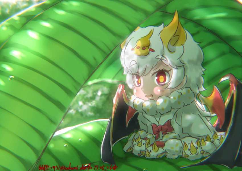 1girl animal animal_ears bat bat_ears bow bowtie commentary dated extra_ears eyebrows_visible_through_hair fur_collar honduran_white_bat_(kemono_friends) kemono_friends leaf looking_at_viewer minigirl nature open_mouth red_eyes red_neckwear short_hair solo twitter_username water white_hair yonaka-nakanoma