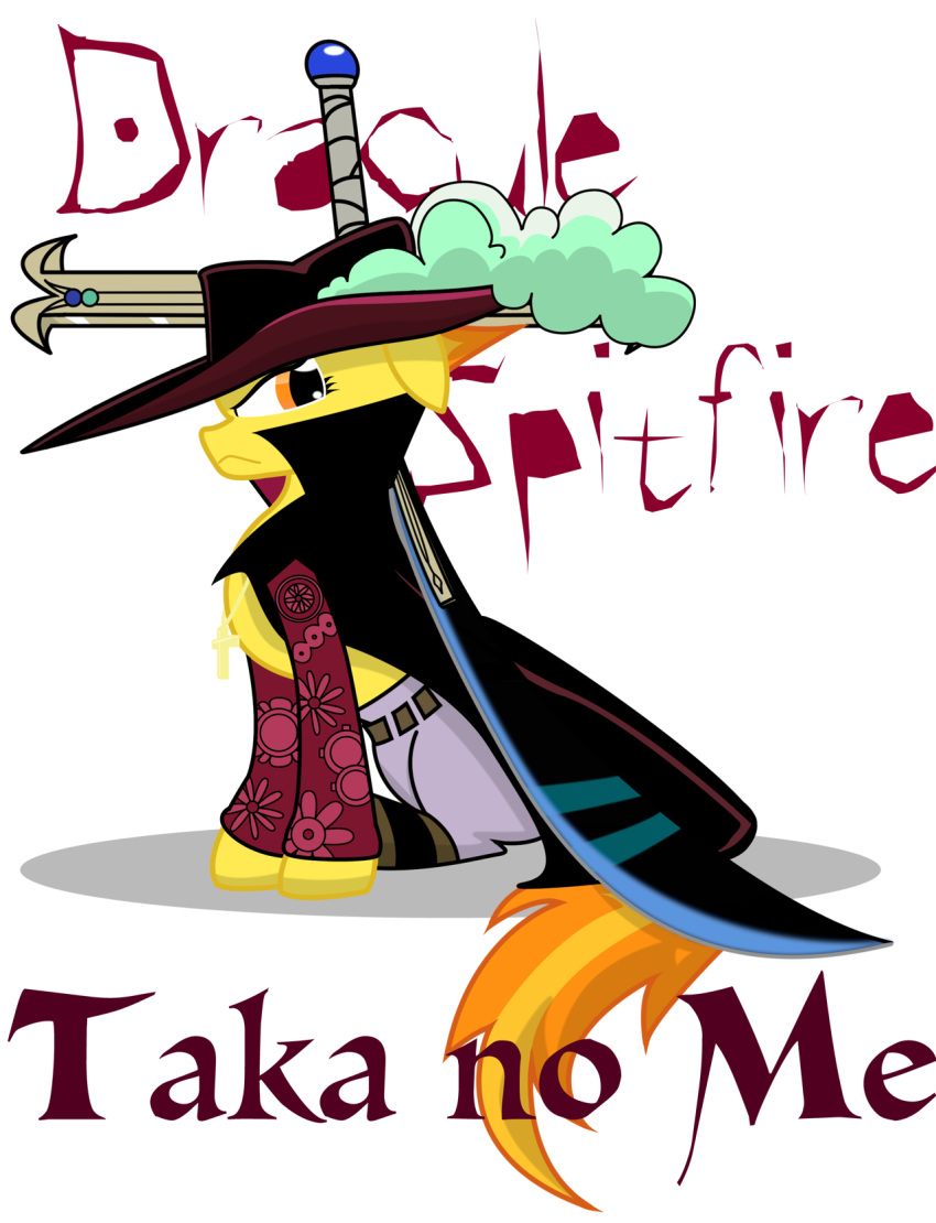 clothing equid equine female friendship_is_magic hat headgear headwear hi_res horse invalid_tag japanese_text killkatt looking_at_viewer mammal melee_weapon my_little_pony one_piece pony pterippus simple_background solo spitfire sword text weapon wings