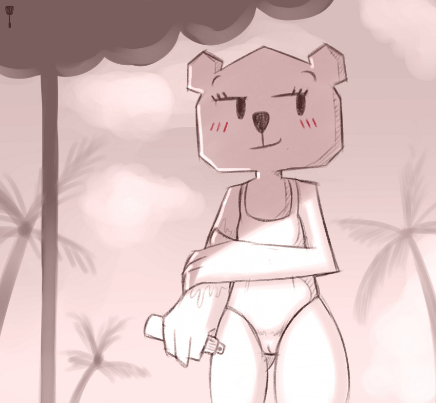 &lt;3 2018 4_fingers anthro beach blush bzeh camel_toe cartoon_network clothed clothing digital_media_(artwork) dot_eyes female hi_res looking_aside mammal monochrome one-piece_swimsuit paper pose seaside simple_background smile solo standing swimwear teri_(tawog) the_amazing_world_of_gumball ursid white_background