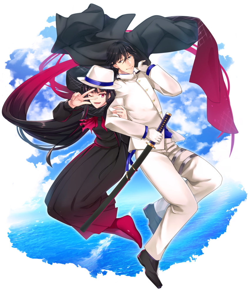 1boy 1girl absurdly_long_hair black_dress black_hair black_scarf blue_ribbon blue_sky cloud cloudy_sky commentary_request dress fate/grand_order fate_(series) gloves hair_between_eyes hand_on_sword hat headwear_switch highres jacket katana kina_izu long_dress long_hair looking_at_viewer ocean oryou_(fate) pants red_eyes ribbon sailor_dress sakamoto_ryouma_(fate) scabbard scarf sheath sky sword v very_long_hair weapon white_gloves white_headwear white_jacket white_pants