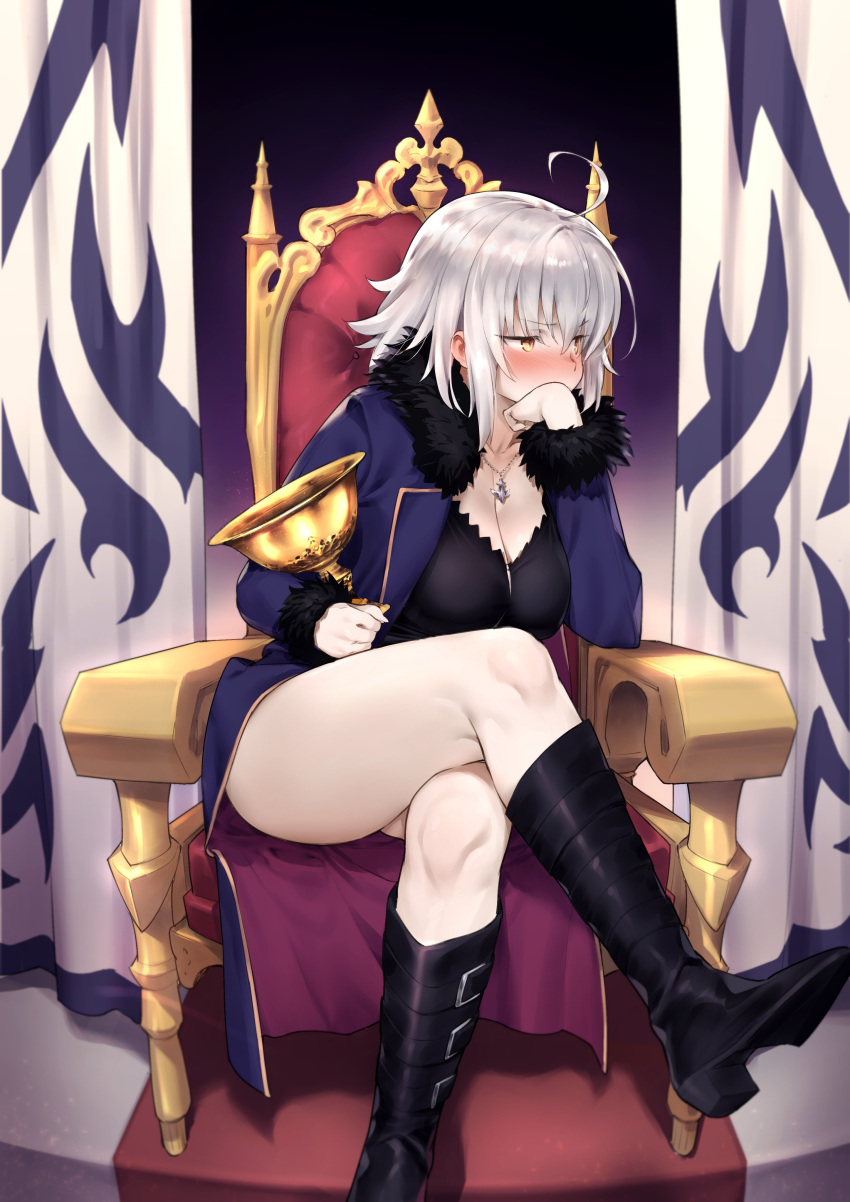 1girl absurdres ahoge bangs black_dress black_footwear blue_coat blush boots breasts cleavage coat crossed_legs dress fate/grand_order fate_(series) fur-trimmed_coat fur_trim hair_between_eyes highres holy_grail_(fate) jeanne_d'arc_(alter)_(fate) jeanne_d'arc_(fate)_(all) jewelry knee_boots large_breasts long_sleeves looking_to_the_side necklace open_clothes open_coat short_dress short_hair silver_hair sitting thighs throne try wicked_dragon_witch_ver._shinjuku_1999 yellow_eyes