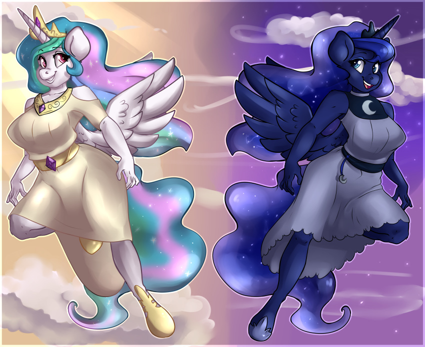 absurd_res annakitsun3 anthro clothing cloud dress equid friendship_is_magic hi_res horn mammal my_little_pony pon3splash princess_celestia_(mlp) princess_luna_(mlp) sky unicorn