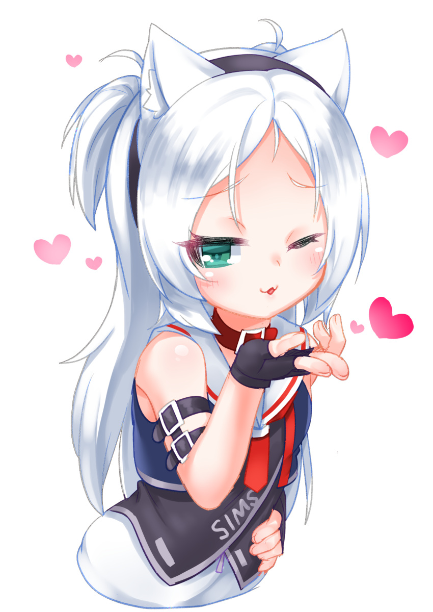 1girl animal_ear_fluff animal_ears azur_lane bare_shoulders black_gloves black_hairband black_shirt blown_kiss blush cat_ears character_name collar commentary_request cropped_torso fingerless_gloves fingernails gloves green_eyes hairband hand_on_hip hand_up heart highres kirisame_mia long_hair one_eye_closed one_side_up parted_lips red_collar sailor_collar school_uniform serafuku shirt silver_hair simple_background sims_(azur_lane) skirt sleeveless sleeveless_shirt solo very_long_hair white_background white_sailor_collar white_skirt